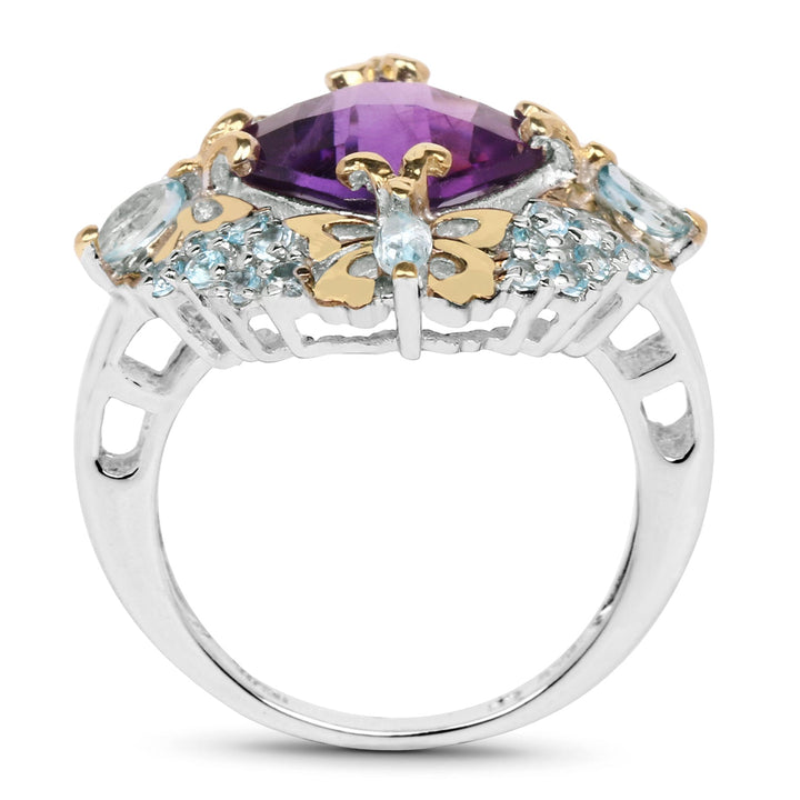 Two Tone Plated 4.45 Carat Genuine Amethyst &amp; Blue Topaz .925 Sterling Silver Ring