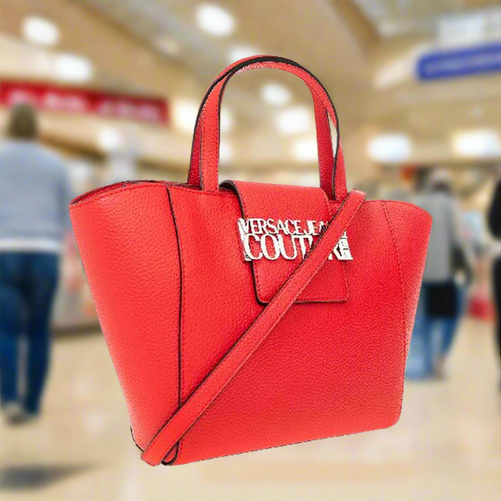 Versace Jeans Couture red shopping bag with gold emblem, synthetic leather, removable shoulder strap, stylish handbag.