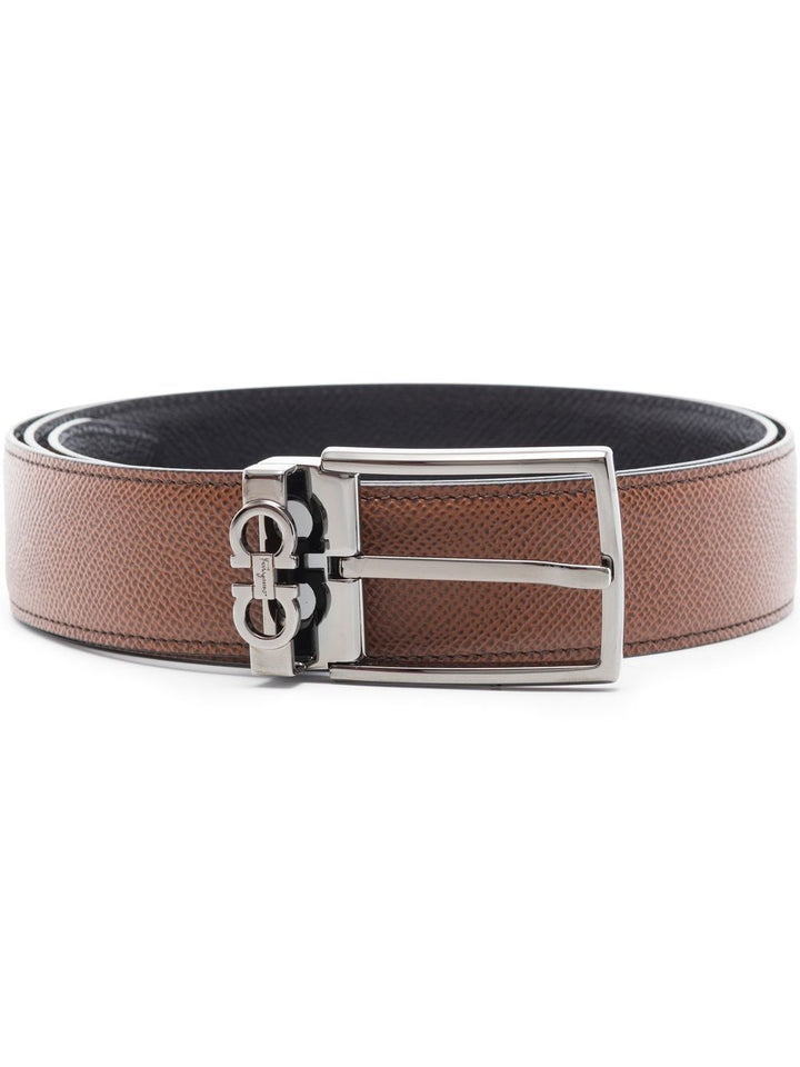 Ferragamo Men Stamped Leather Reversible Gancini Belt With Rectangular Buckle