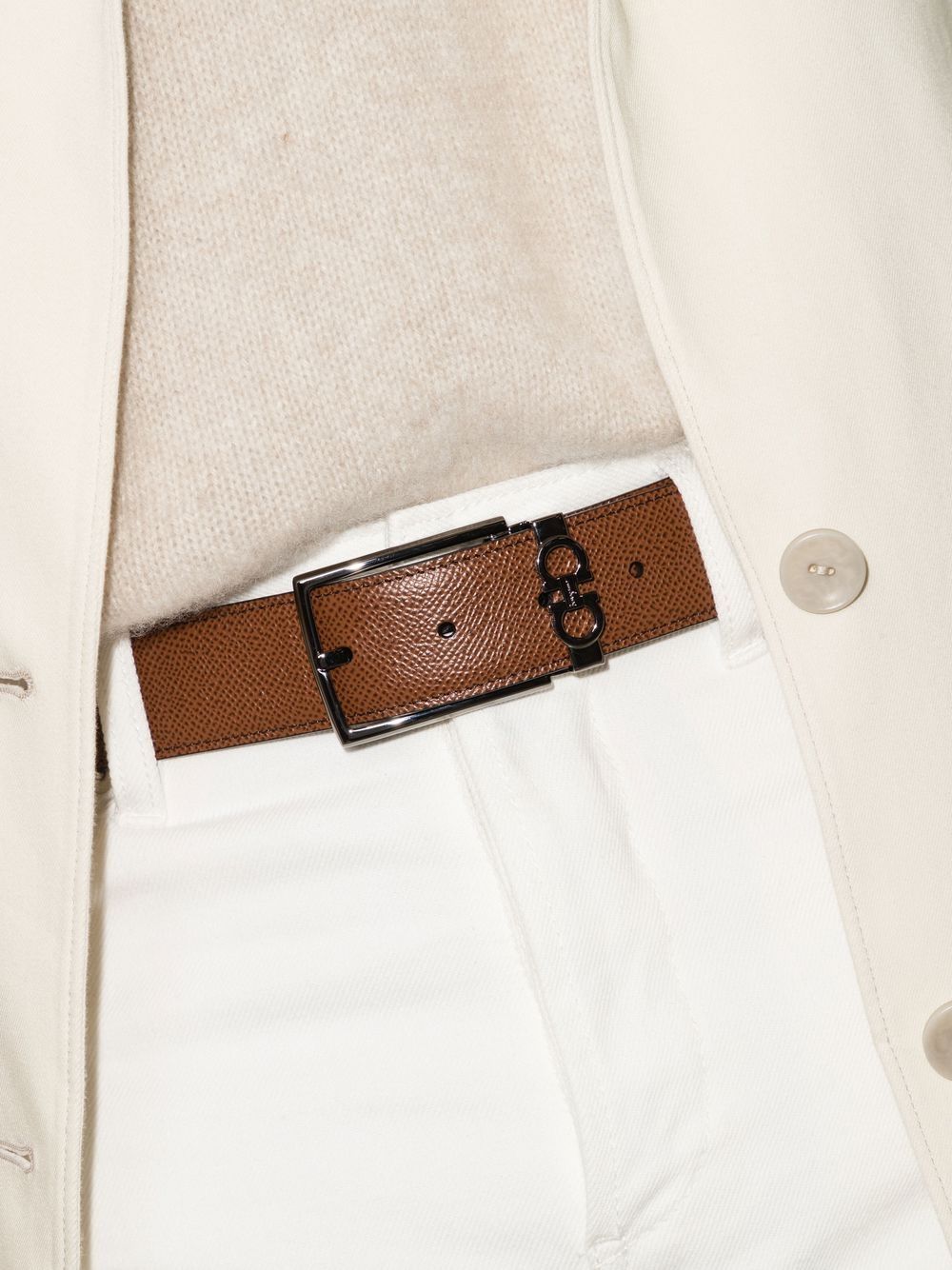 Ferragamo Men Stamped Leather Reversible Gancini Belt With Rectangular Buckle