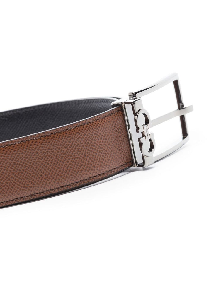 Ferragamo Men Stamped Leather Reversible Gancini Belt With Rectangular Buckle