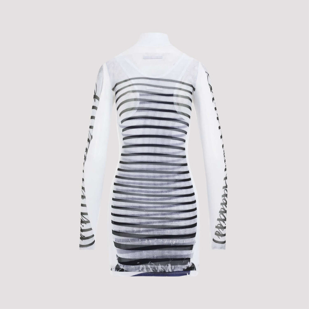 White dress with black and gray striped pattern on a light gray background