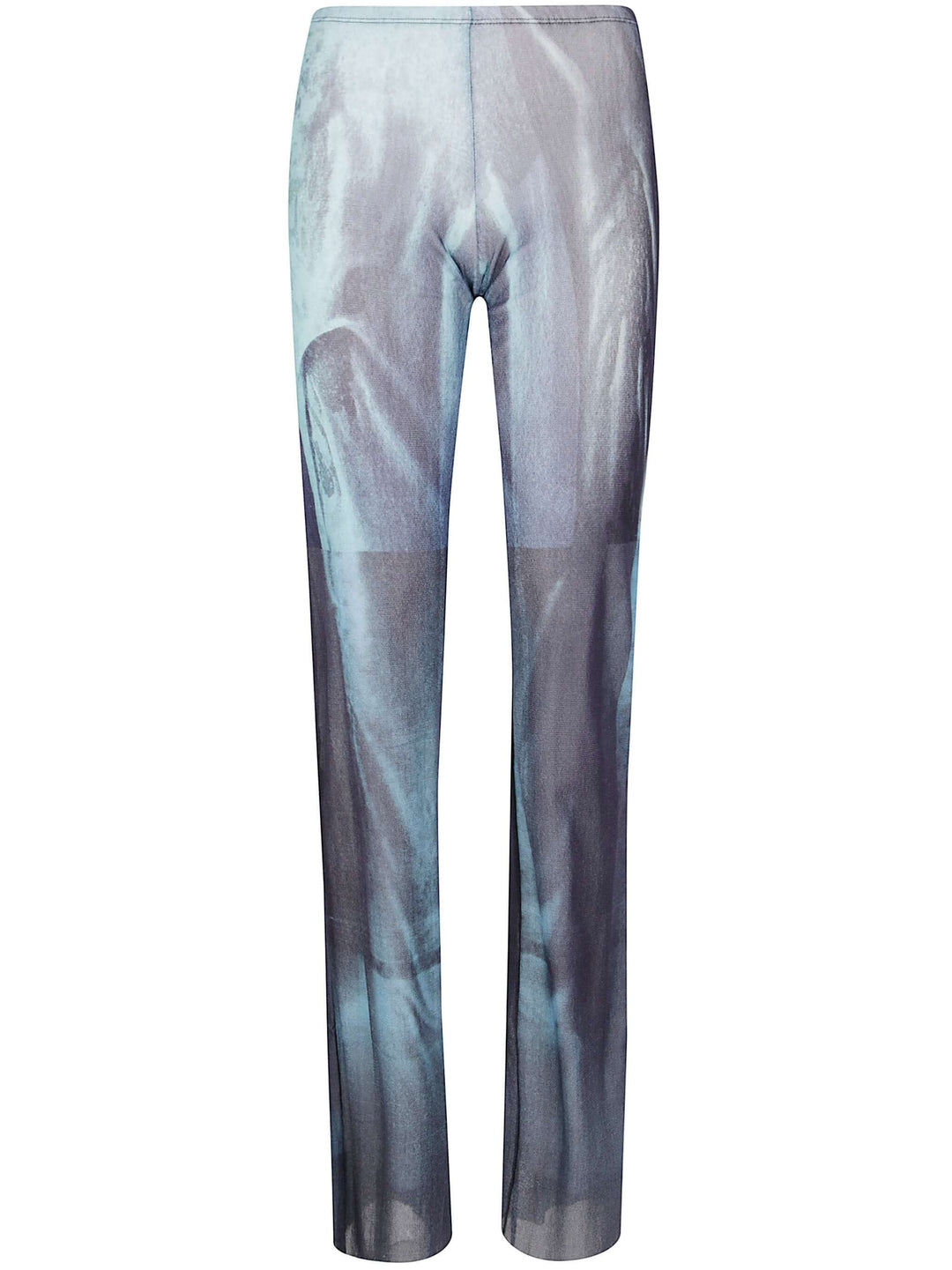 Translucent blue and gray pants on a white background