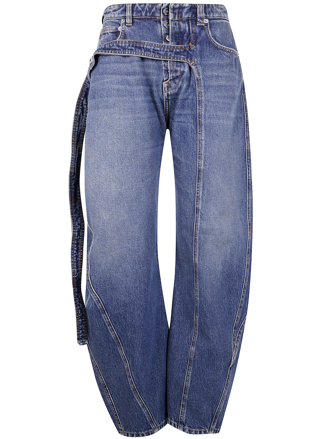 Blue jeans with a unique design on a white background