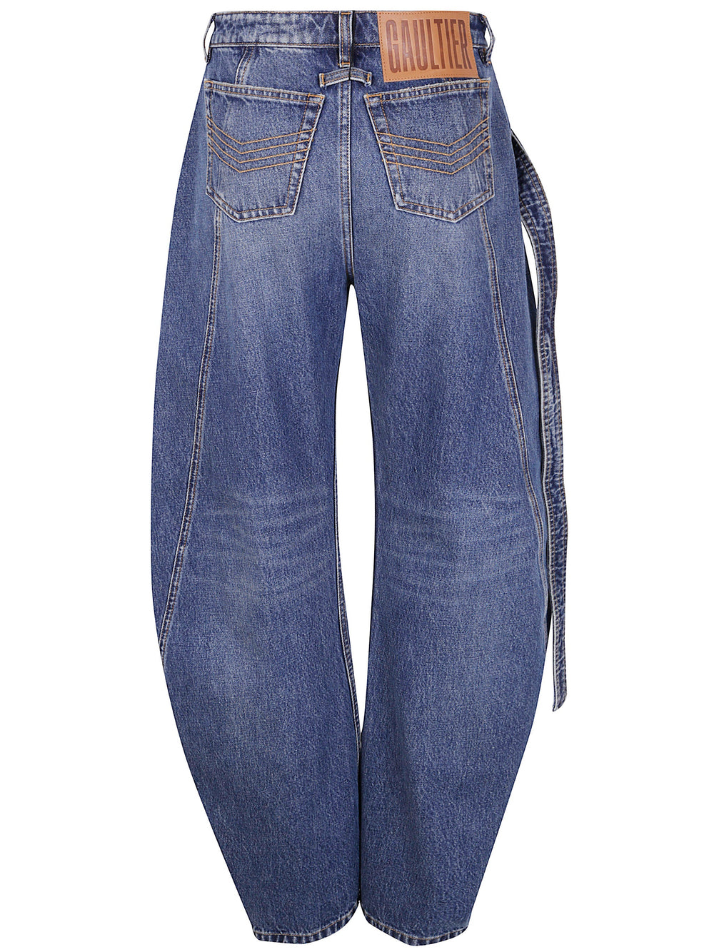 Blue jeans with a brand label on a white background