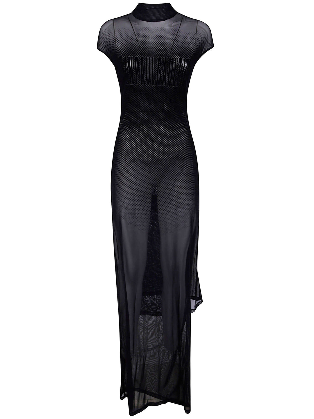 Black dress with mesh detailing on a white background