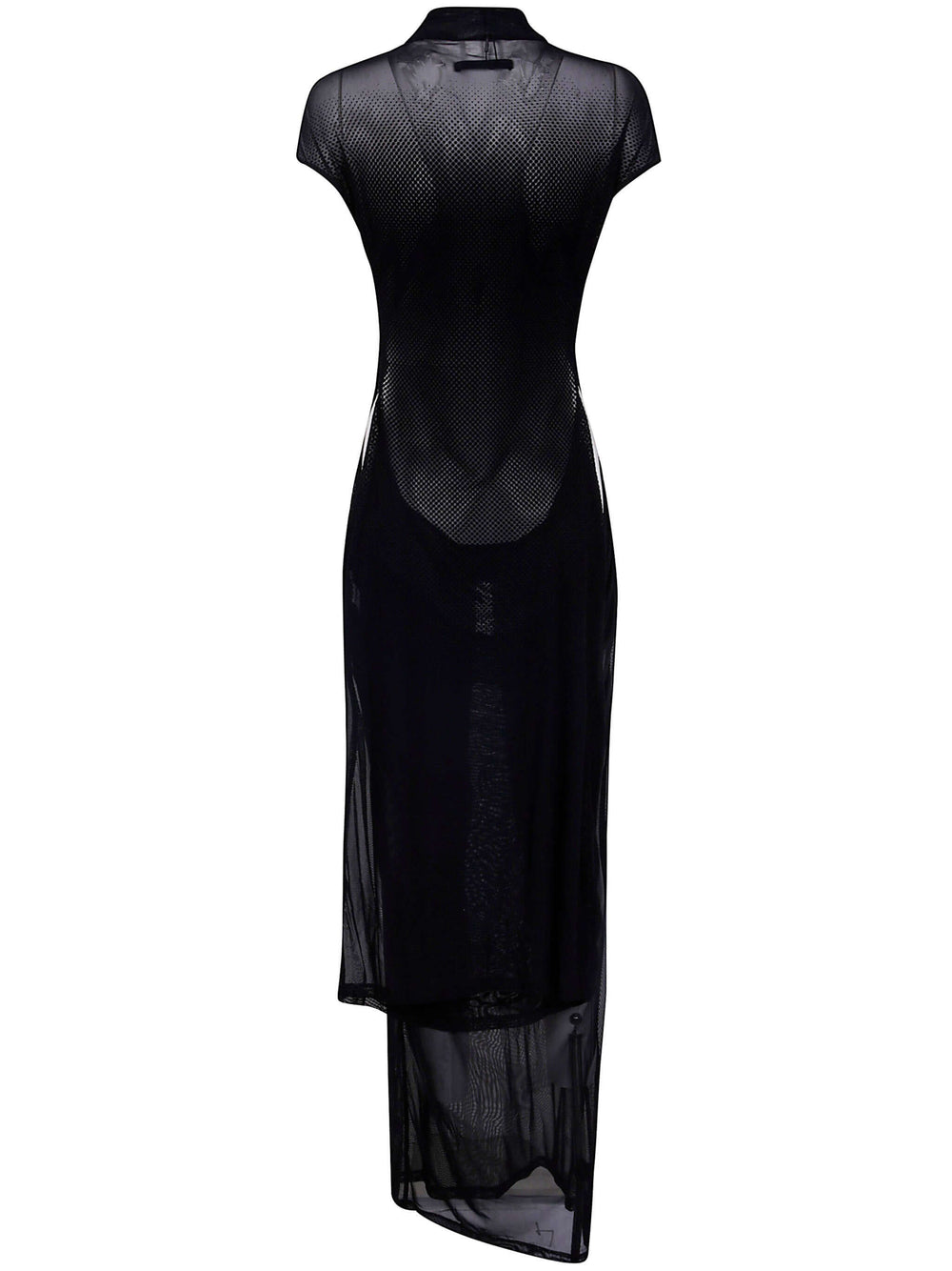 Black dress with mesh detailing on a white background