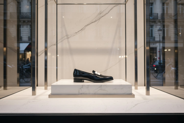 Black patent leather loafer on a white background