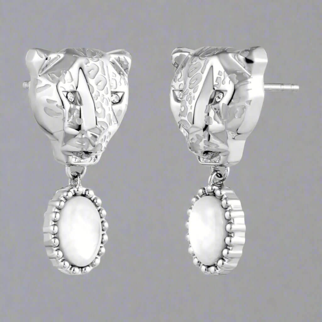 Just Cavalli silver tone Panther Earrings with white opaque gem
