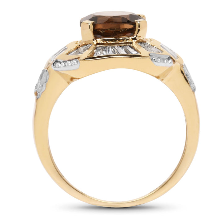 14K Yellow Gold Plated 4.18 Carat Genuine Smoky Quartz &amp; White Topaz .925 Sterling Silver Ring