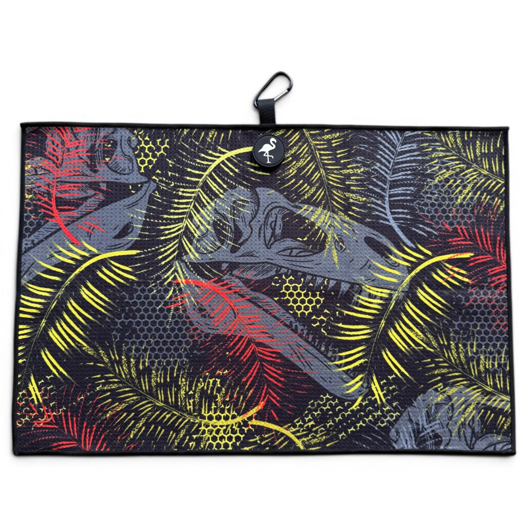 Jurassic Fairway Golf Towel | 24” x 16” Microfiber Towel | Magnetic Clip &amp; Carabiner | Premium Golf Accessory