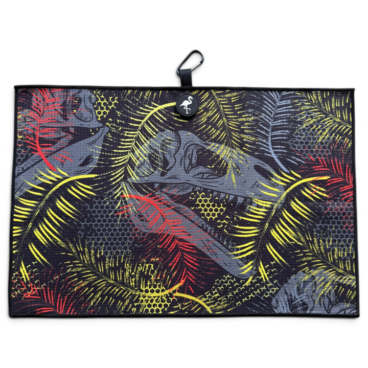 Jurassic Fairway Golf Towel | 24” x 16” Microfiber Towel | Magnetic Clip &amp; Carabiner | Premium Golf Accessory