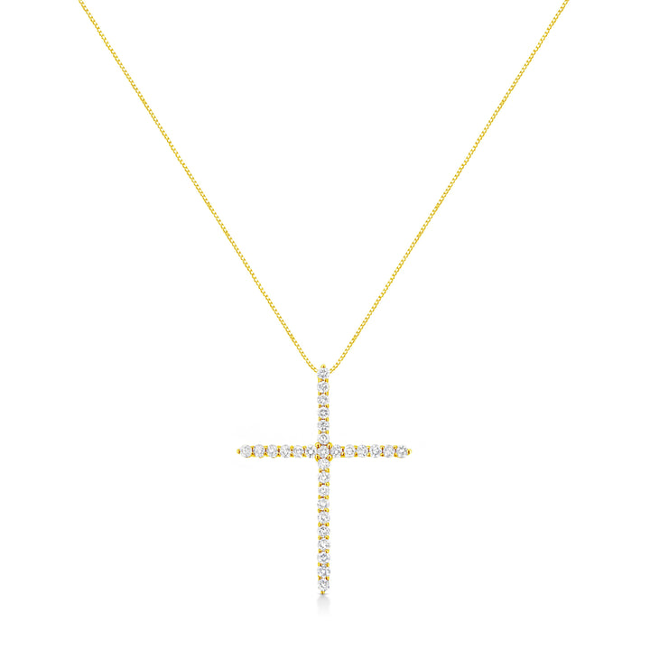 10K Yellow Gold Plated .925 Sterling Silver 3.0 Cttw Prong-Set Round Brilliant Cut Diamond Cross 18" Pendant Necklace (J-K Color, I1-I2 Clarity)