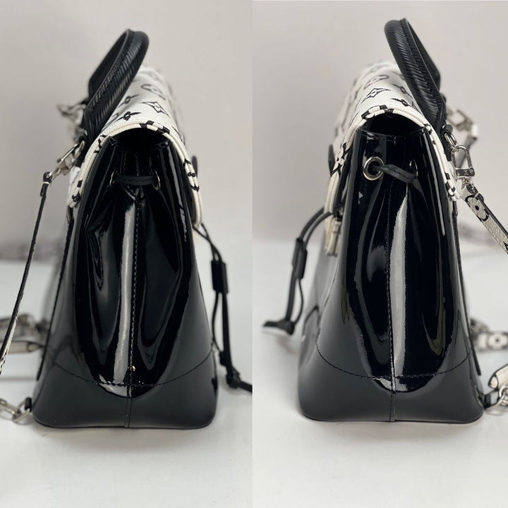 LOUIS VUITTON Hot Springs Backpack White Monogram and Patent Leather side view showcasing luxury bags design.