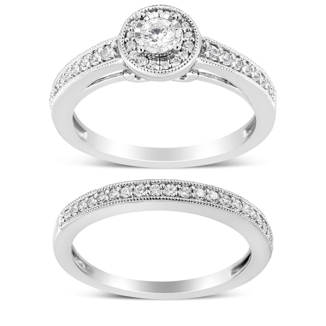 .925 Sterling Silver 1/2 Ctw Diamond Halo and Milgrain Engagement Ring Bridal Set (I-J Color, I3 Clarity) - Ring Size 7