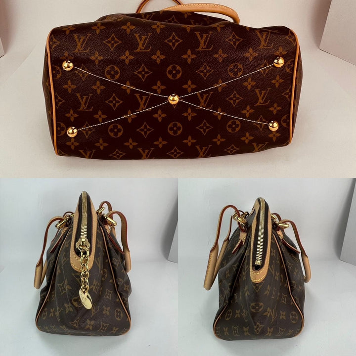 Two brown handbags with gold accents on a white background