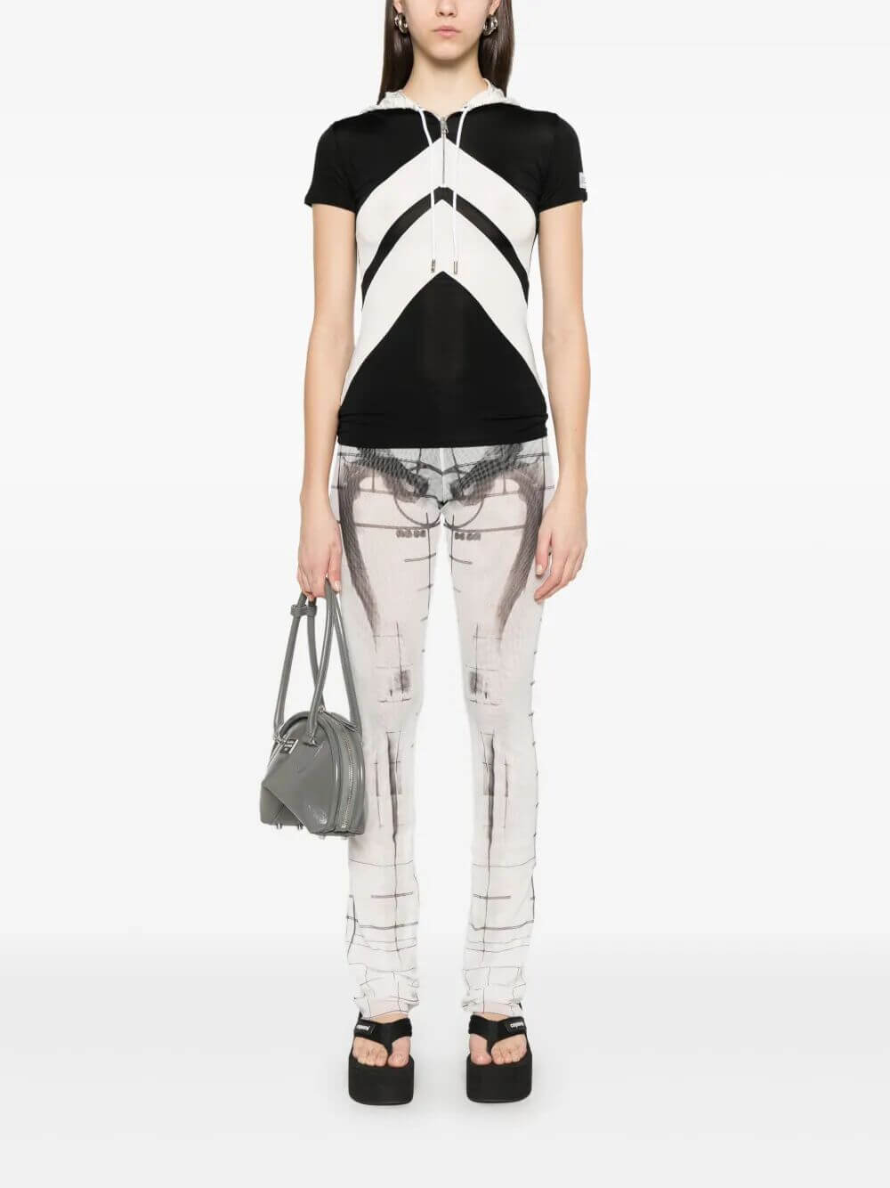 Jean Paul Gaultier Women Viscose Baby Tee Shirt With Inlaid Chevron, "Gaultier" Patch Detail And Hood