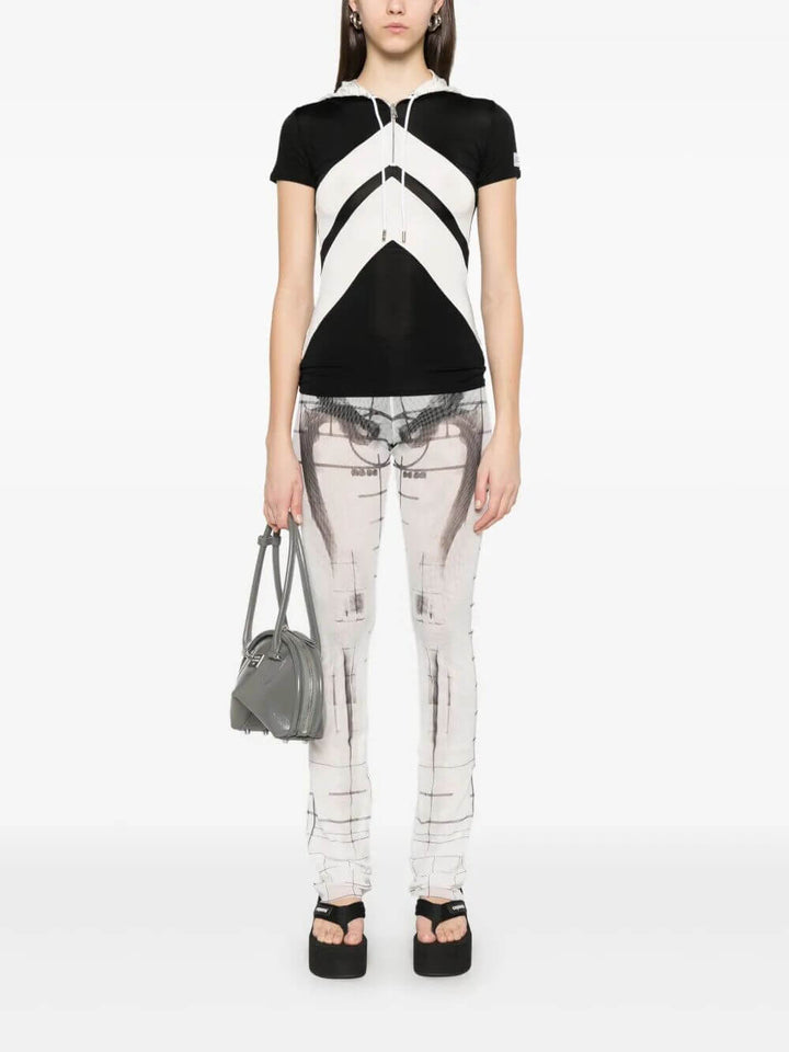 Jean Paul Gaultier Women Viscose Baby Tee Shirt With Inlaid Chevron, "Gaultier" Patch Detail And Hood