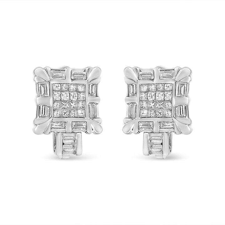 14K White Gold 1.0 Cttw Princess and Baguette-Cut Diamond Square Framed Huggie Hoop Omega Earrings (H-I Color, SI1-SI2 Clarity)