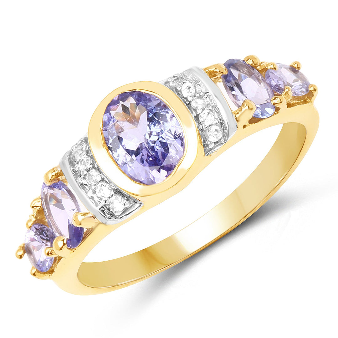 14K Yellow Gold Plated 1.64 Carat Genuine Tanzanite &amp; White Topaz .925 Sterling Silver Ring