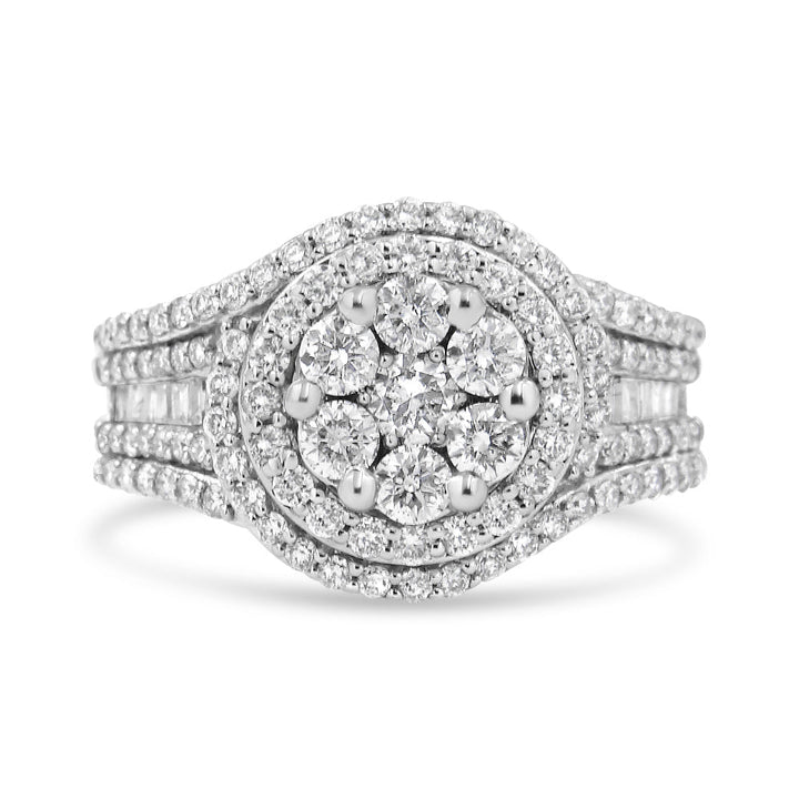 14K White Gold 1 1/2 Cttw Diamond Floral Cluster and Studded Shank Halo Ring (H-I Color, SI2-I1 Clarity) - Ring Size 7