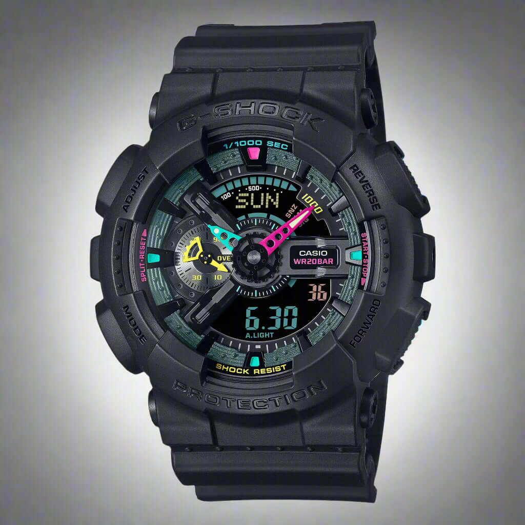Black Casio G-Shock watch with digital and analog display on a white background