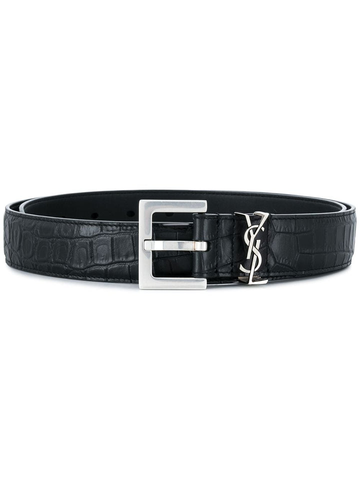Saint Laurent Men Cassandre Thin Belt With Square Buckle In Crocodile Effect Leather
