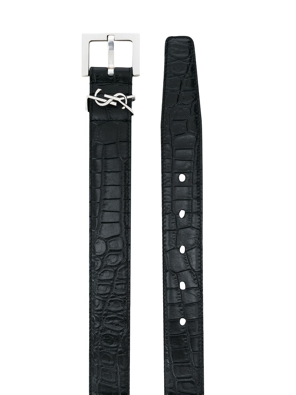 Saint Laurent Men Cassandre Thin Belt With Square Buckle In Crocodile Effect Leather