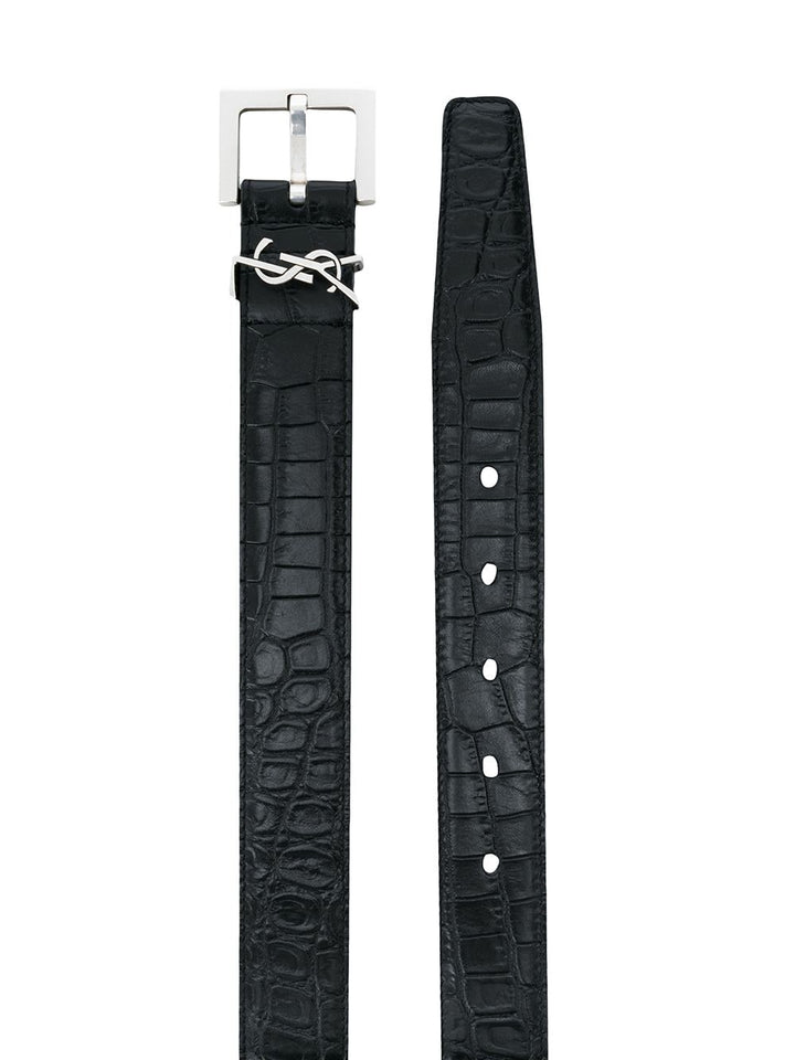 Saint Laurent Men Cassandre Thin Belt With Square Buckle In Crocodile Effect Leather