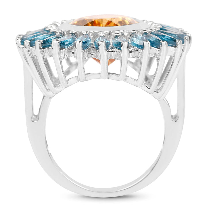 7.54 Carat Genuine Citrine & London Blue Topaz .925 Sterling Silver Ring