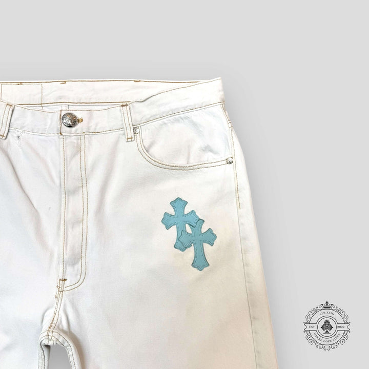 Chrome Hearts Cross Patch Jeans in White / Blue