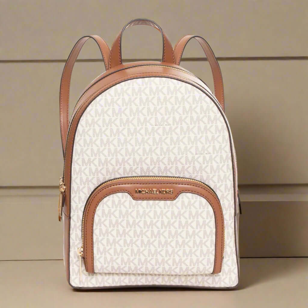 Backpack with beige pattern and brown accents on a white background