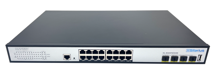 Silarius SIL-B16M3POE1G300 16 Ports 10/100/1000Mbps Gigabit Layer3 Managed PoE+ switch with 4 Ports 10G SFP+ Uplink,1USB, 1 Console, 6KV surge protection,300W,rack mount installation