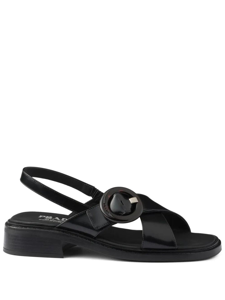 Prada Women Brushed Leather Crisscross Band Sandals With Plexiglas Buckle