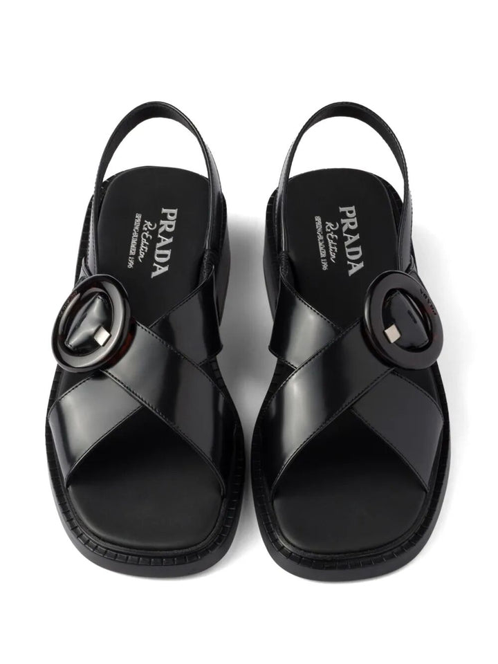 Prada Women Brushed Leather Crisscross Band Sandals With Plexiglas Buckle