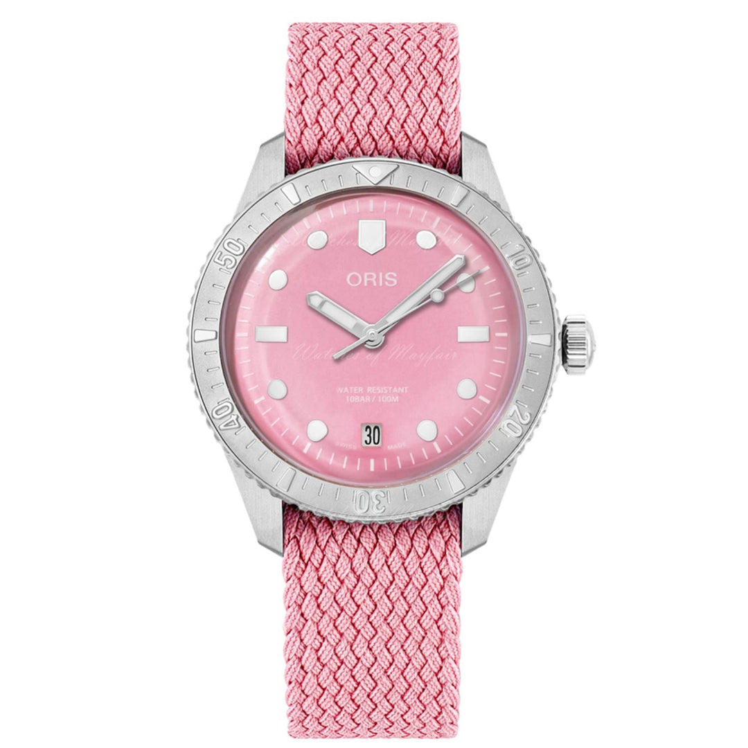 Oris watch with pink strap and pink face on a white background