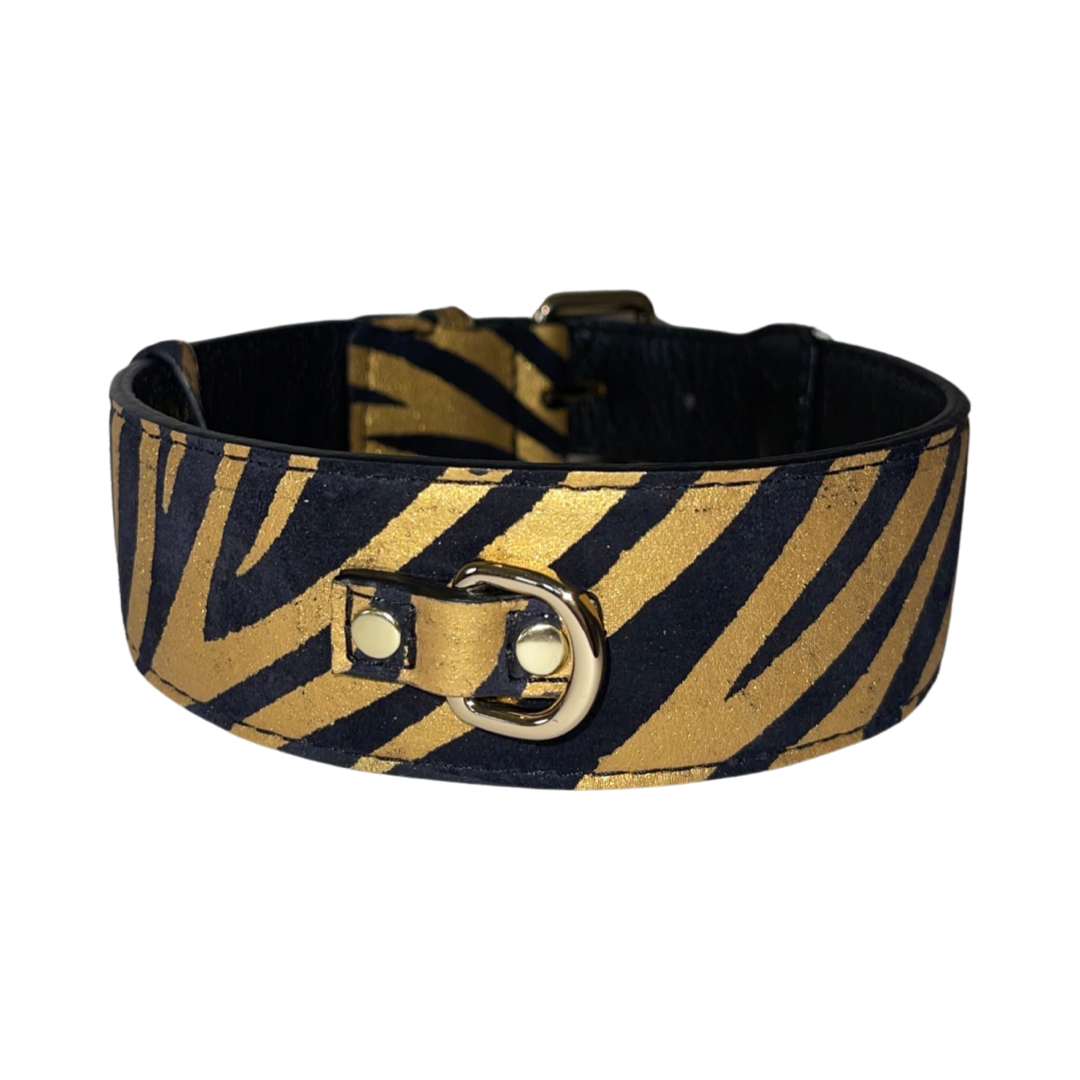 Black &amp; Gold Zebra Print Italian Leather Classic Collar