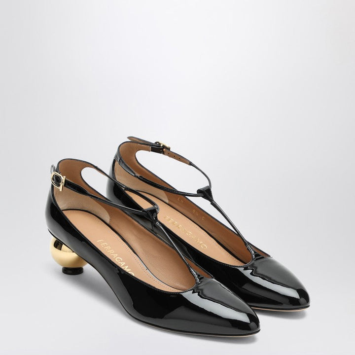 Ferragamo Black Patent T-Strap Décolleté Women