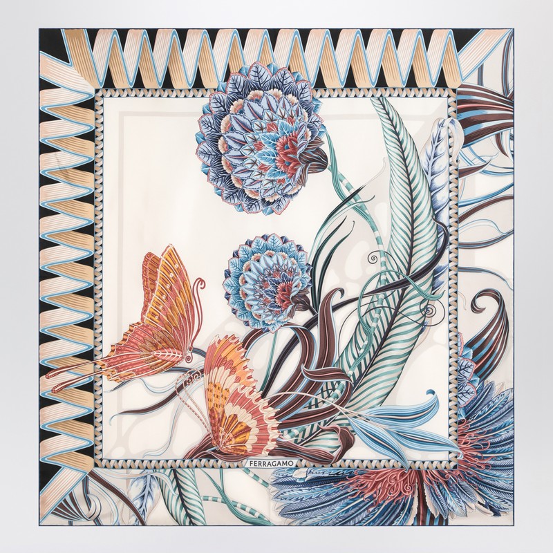 Ferragamo Ivory/Blue Silk Scarf With Giada Print Women