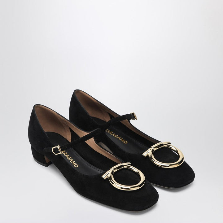 Ferragamo Black Gancini Heeled Ballerina In Suede Women