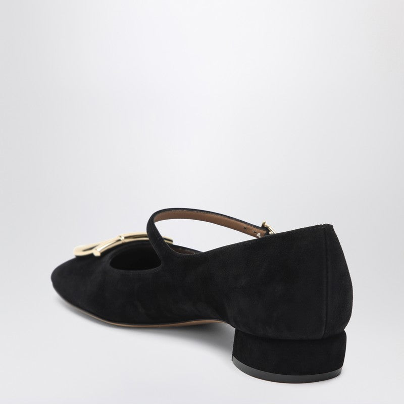Ferragamo Black Gancini Heeled Ballerina In Suede Women