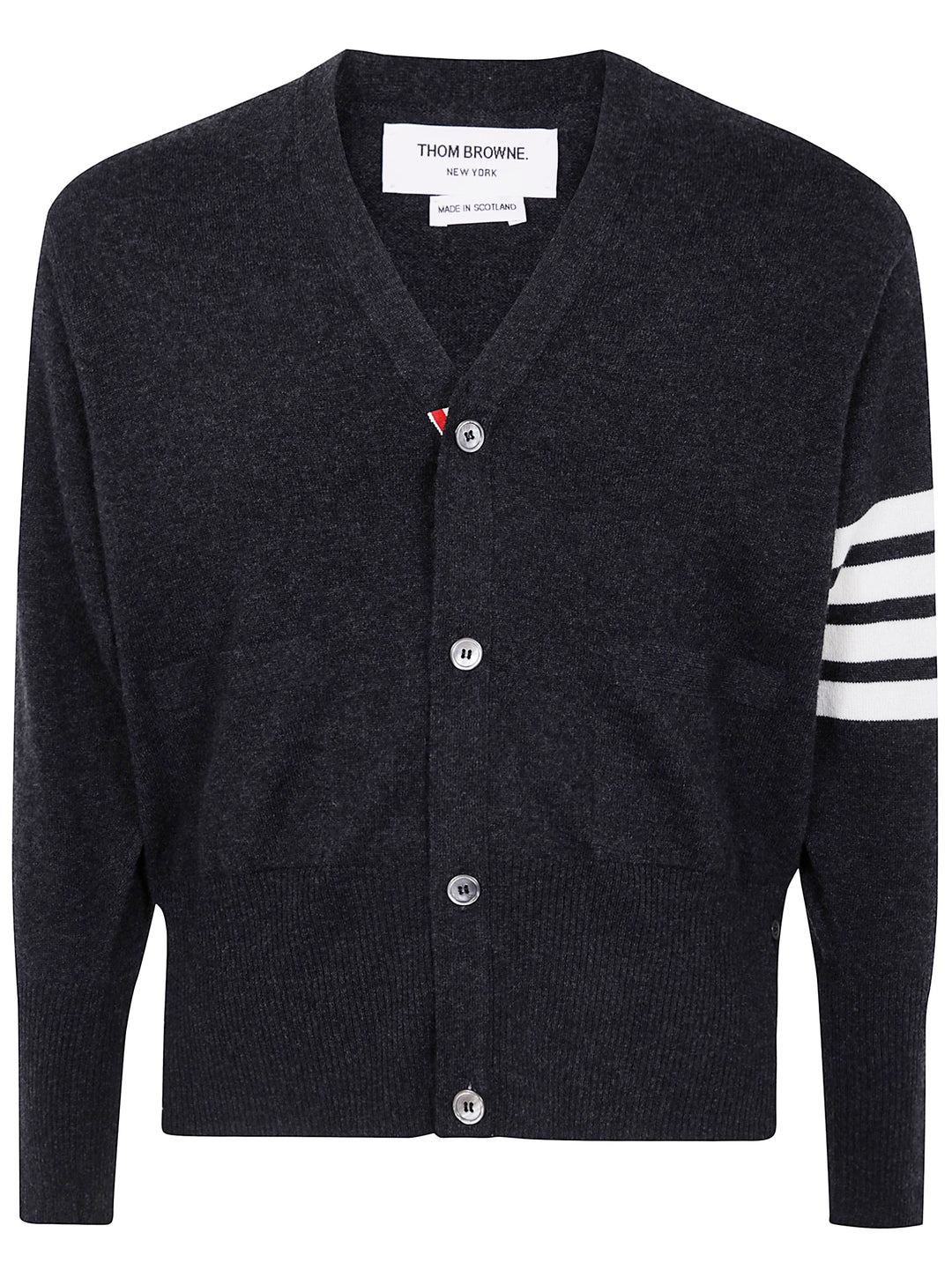 Thom Browne Men Classic Short V Neck Cardigan With White 4 Bar Stripe In Cashmere