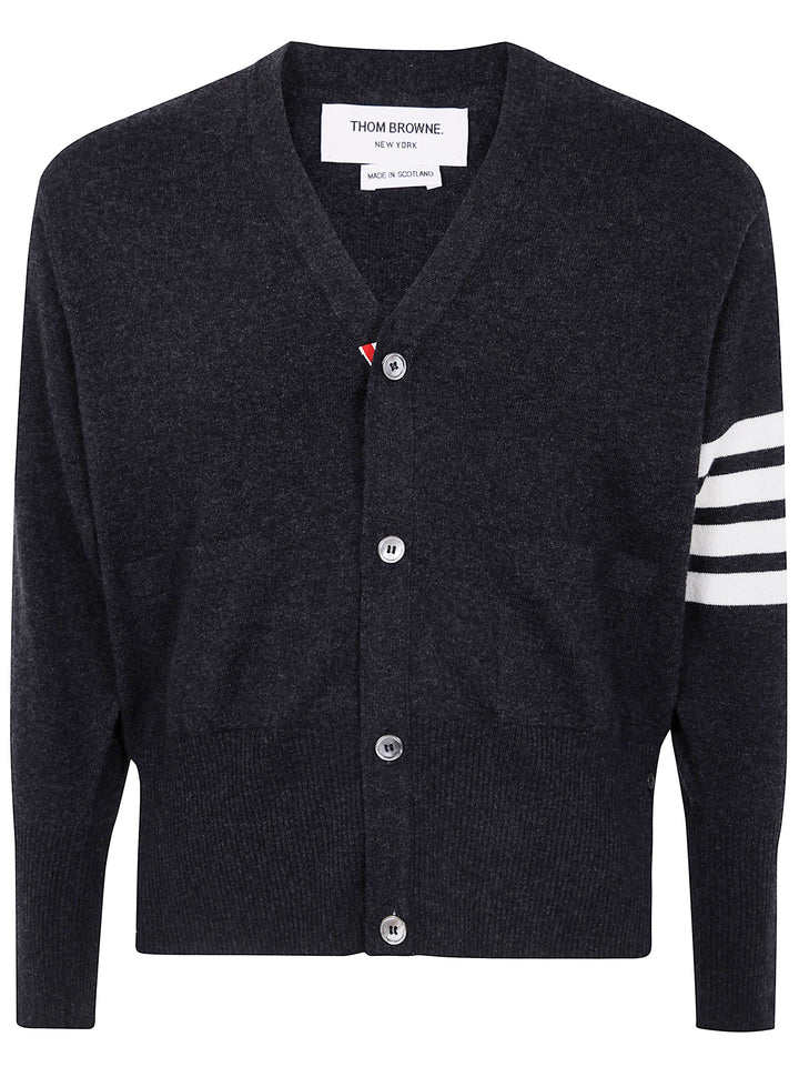 Thom Browne Men Classic Short V Neck Cardigan With White 4 Bar Stripe In Cashmere
