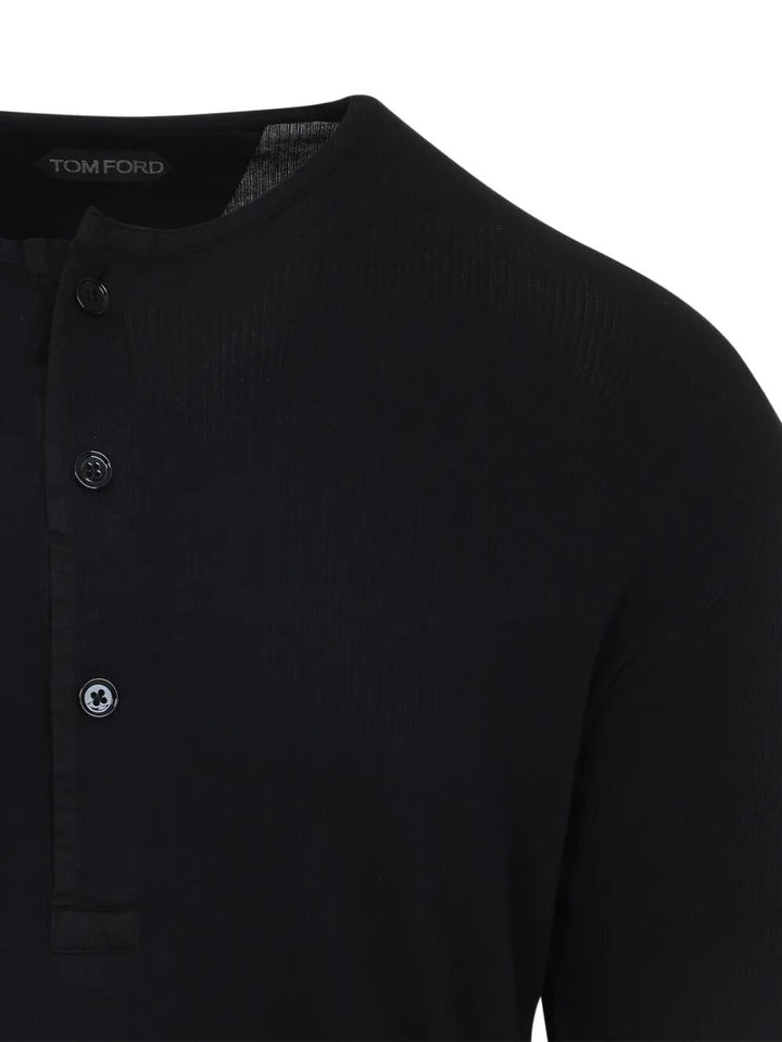 Tom Ford Men Henley Cotton Stretch Ribbed Long Sleeved T-Shirt