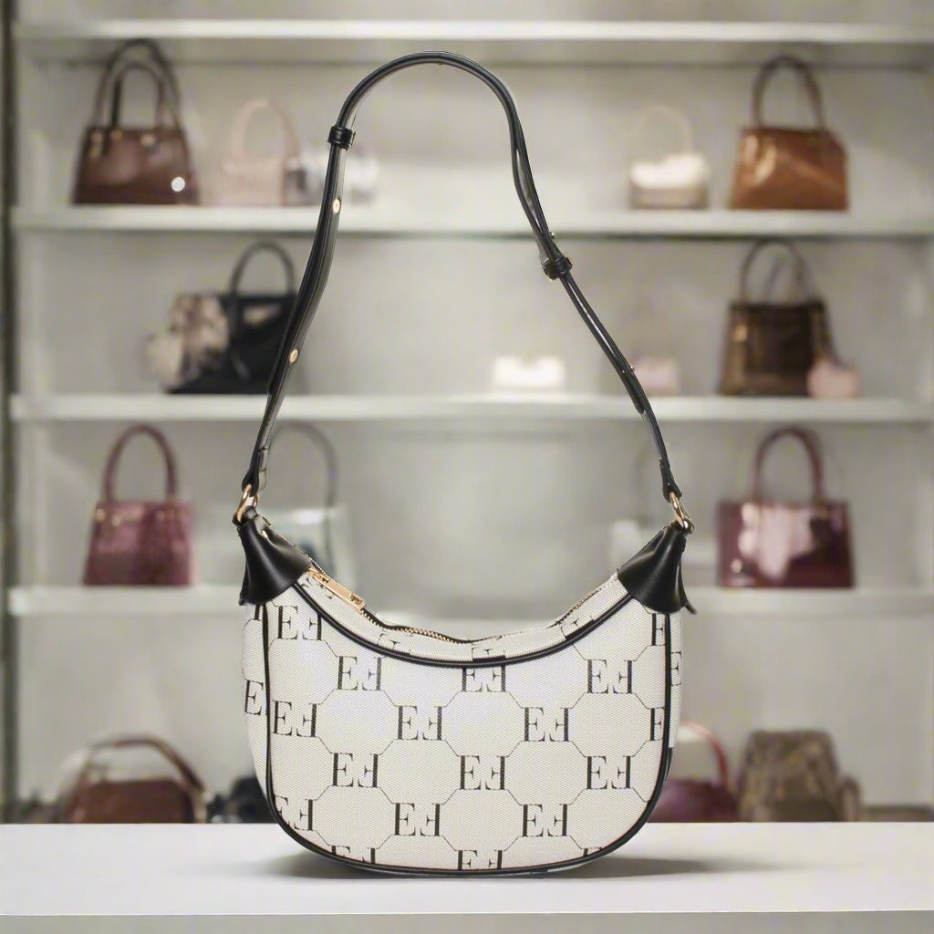 Handbag with black and white pattern on a white background