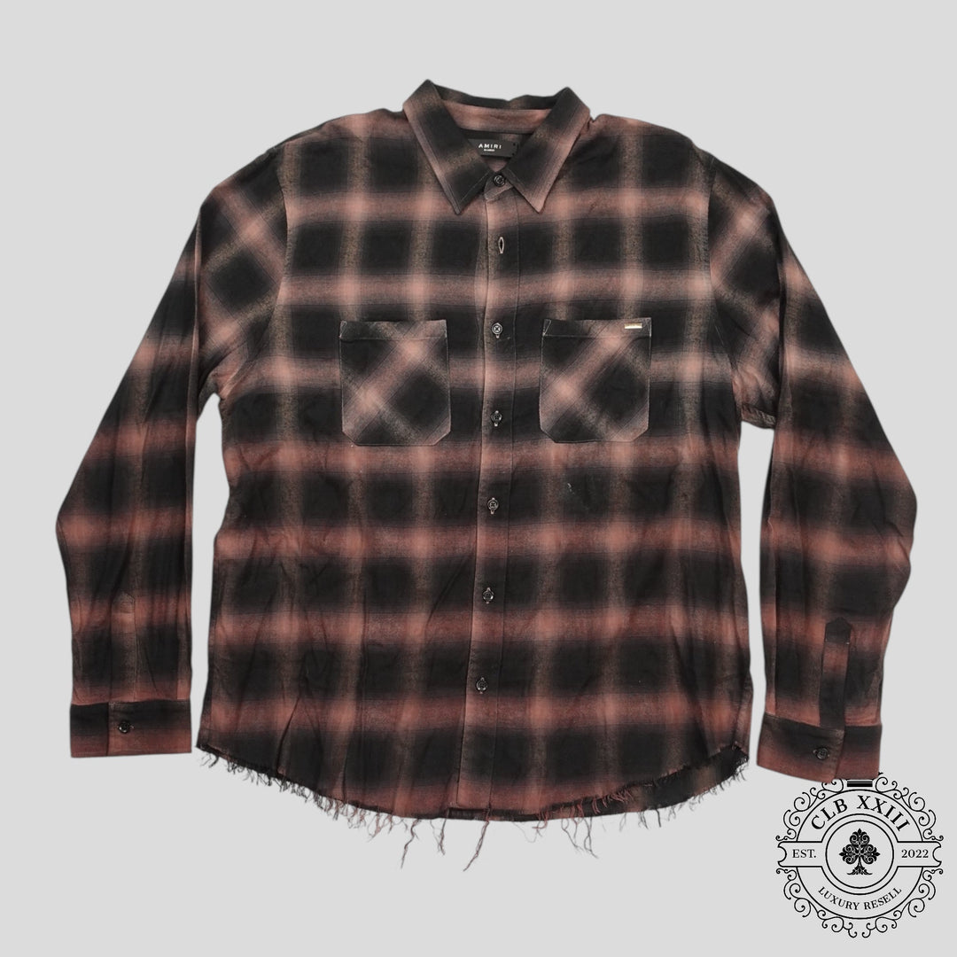 Amiri Distressed Plaid Button Up in Brown