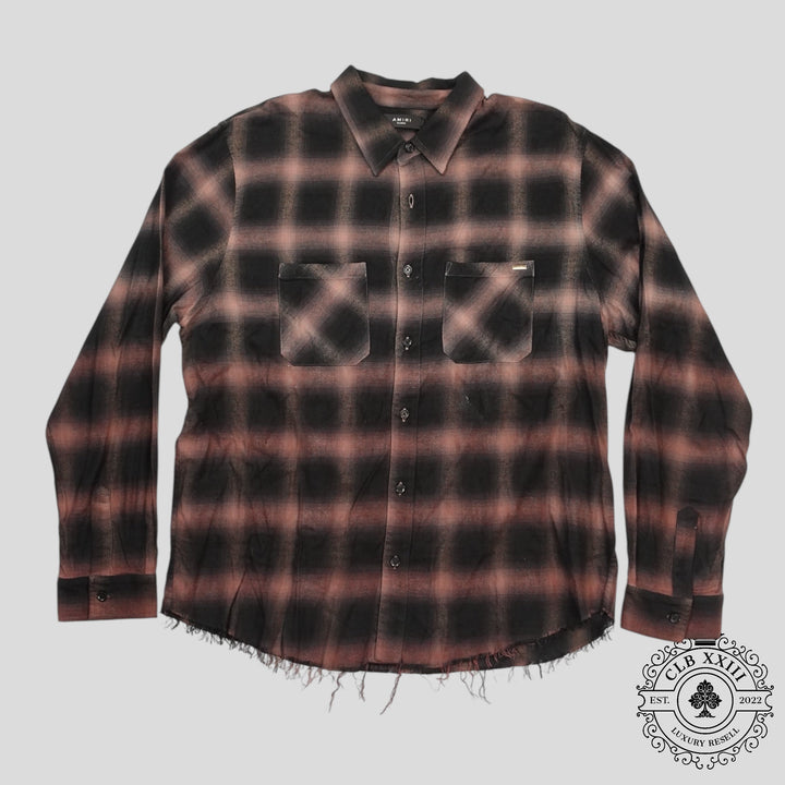 Amiri Distressed Plaid Button Up in Brown