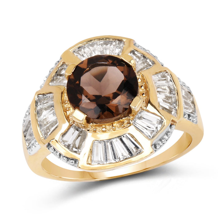14K Yellow Gold Plated 4.18 Carat Genuine Smoky Quartz &amp; White Topaz .925 Sterling Silver Ring