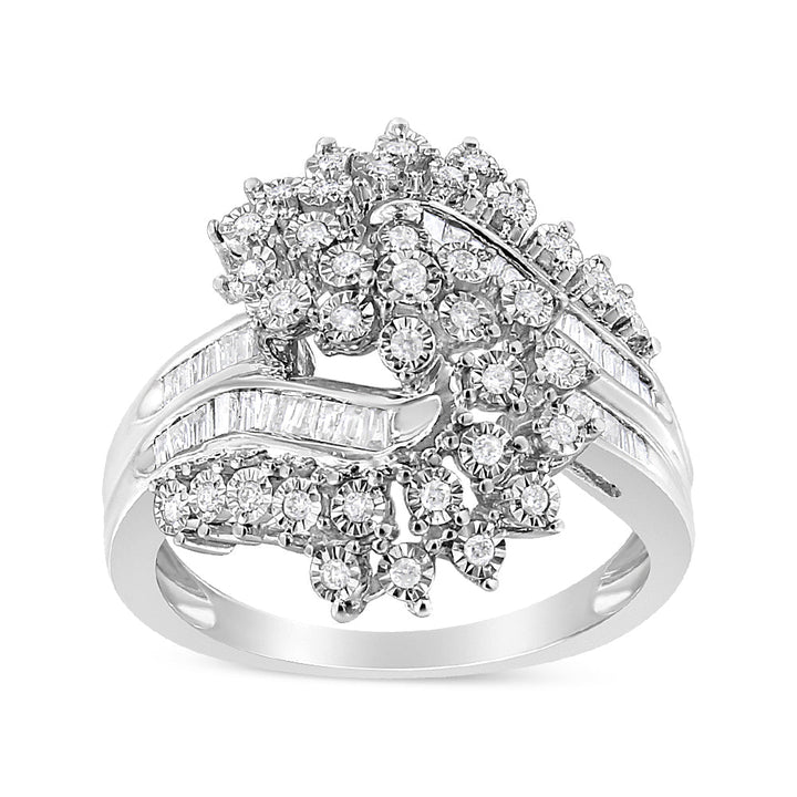 10K White Gold 1/2 Cttw Round and Baguette-Cut "S" Shaped Bypass Cocktail Ring (I-J Color, I1-I2 Clarity) - Size 7