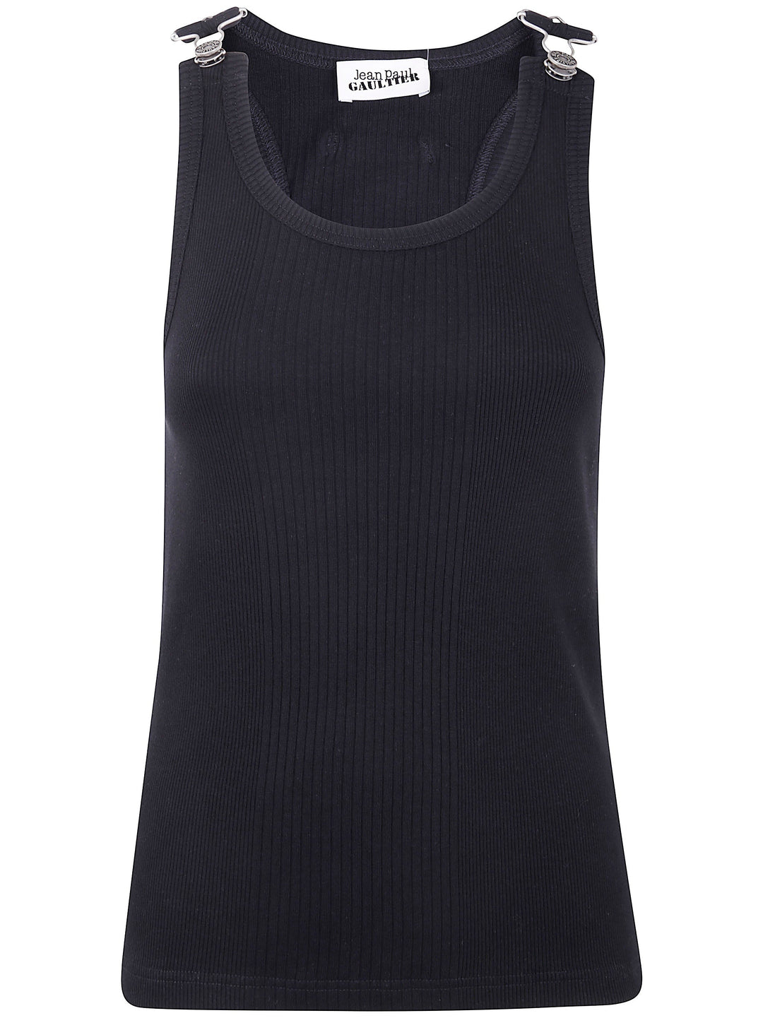 Black tank top with a brand label on a white background